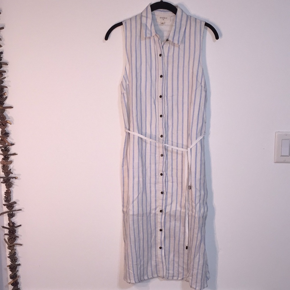 Everly linen vertical striped dress collared midi